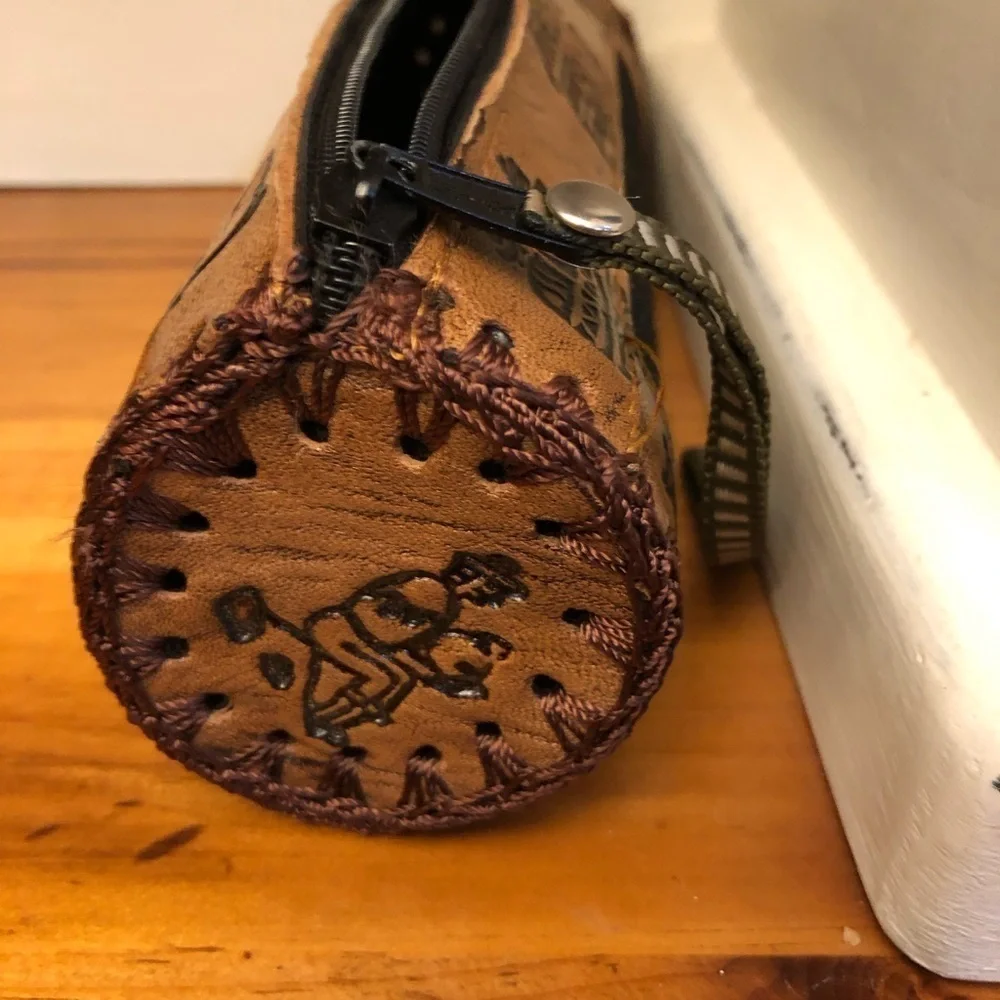 Boho Peruvian Leather Cylinder Pouch with Llama/Geometric Tooled Art